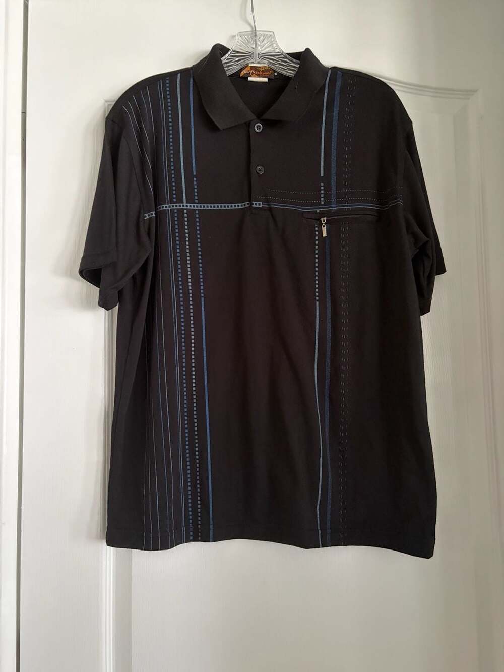 North Peak Men's Black Striped Short Sleeve Polo Shirt with Zip Pocket Size M